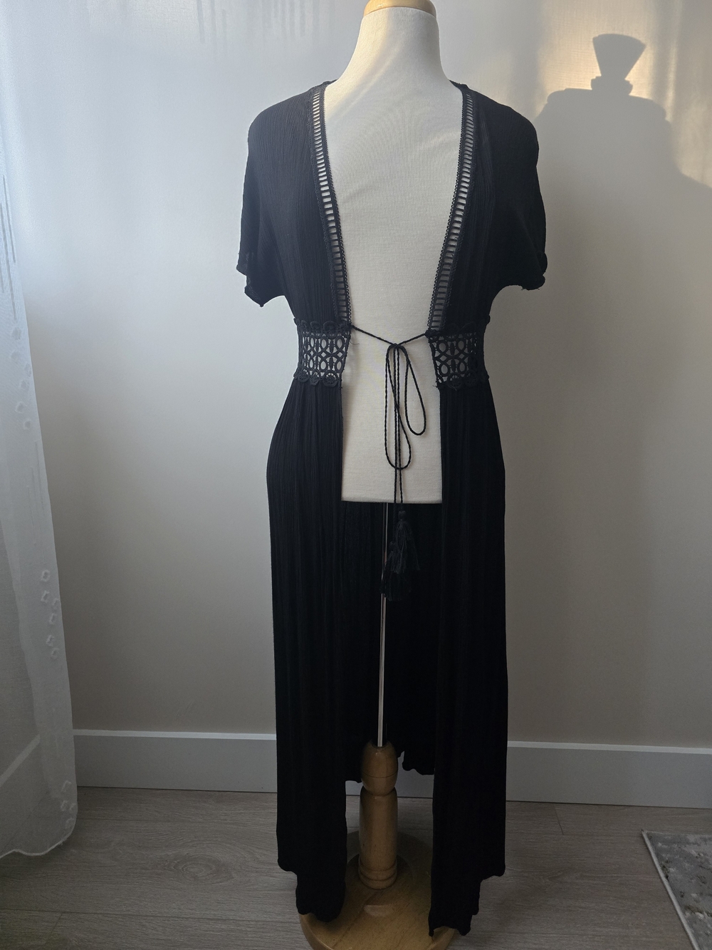 lavender field Black Crochet-Tie Open Front Swim Coverup Size M